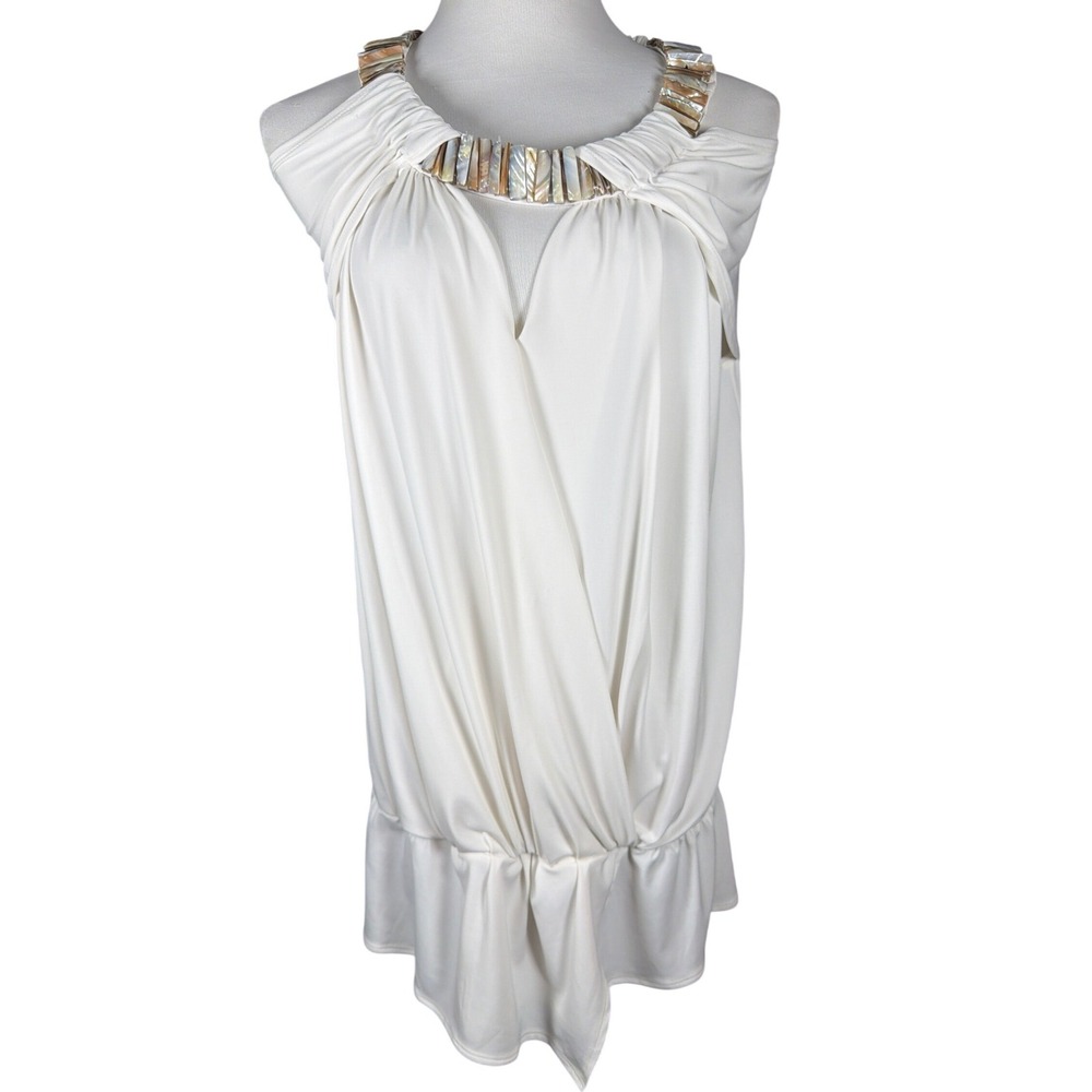 The Look Randolph Duke Ivory Embellished Shell Neck Tunic‎ Top Womens Large NEW